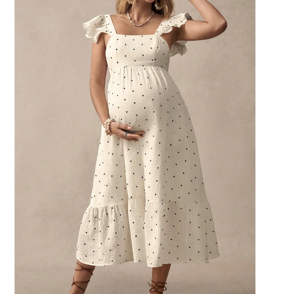 Maternity Polka Dot Back tie Ruffle Hem Dress - Picture 1 of 11